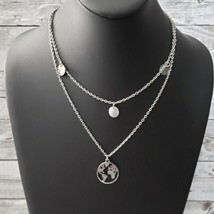 World / Globe Layered Pendant Necklace - Silver Tone - Statement - New - £11.18 GBP