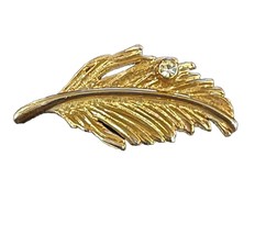 Vintage GRAZIANO Gold Tone &amp; Clear Crystal Rhinestone Gilded Feather Bro... - £9.75 GBP