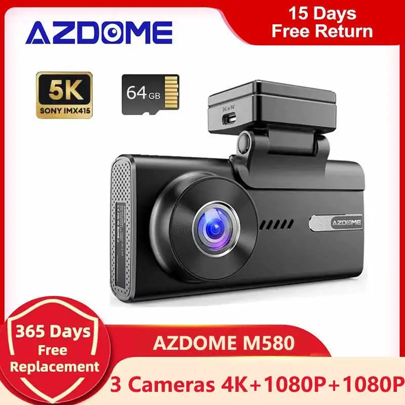 AZDOME M580 Car DVR 5K Dash Cam 3 Cameras 4K+1080P+1080P Rear Cam Recording With - £165.61 GBP+