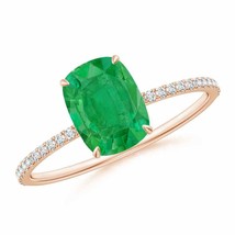 ANGARA Thin Shank Cushion Emerald Ring with Diamond Accents in 14K Gold - £1,363.54 GBP