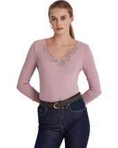 MSRP $100 Lauren Ralph Lauren Women&#39;s Lace-Trim Stretch Cotton Top Size Medium - $32.08