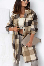 Khaki Plaid Button-Down Flap Pocket Long Shacket - £43.96 GBP