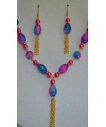 Handmade Pink Blue Crackled Oval Glass Bead Chain Tassel Necklace Earring Set - £12.22 GBP