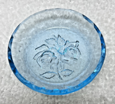 Antique Intaglio Detailed Rose Bright Blue Glass Open Salt Dip 2 1/4 Round - $18.32