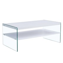 Modern White Double Rectangular Coffee Table w/ Glass Top, Storage - $1,658.38 MXN