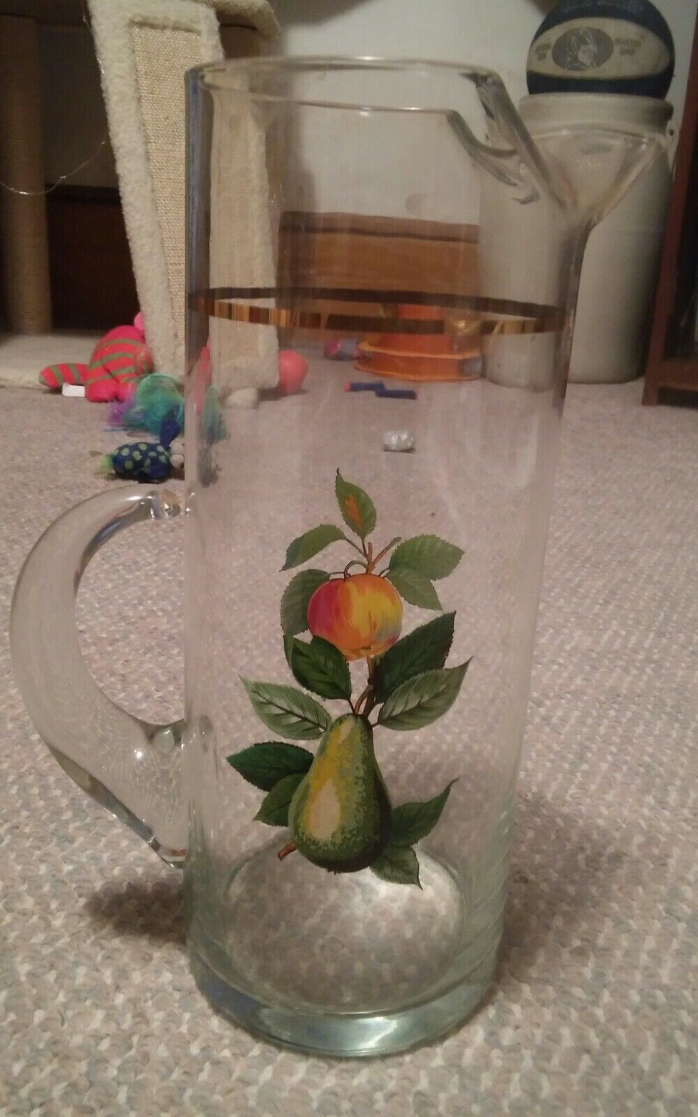 Mid Century West Virginia Water Pitcher with Fruit Motif &amp; Gold Trim App... - $42.99