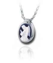 Sterling Silver &amp; Blue Agate Angel Cameo Funeral Cremation Urn Pendant w/Chain - £310.04 GBP