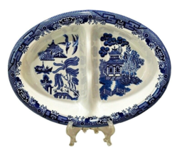 Blue Willow Divided Oval Vegetable Serving Dish Bowl Churchill England 9.5 Inch - £12.87 GBP