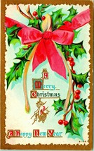 Merry Christmas Holly Ribbon Wishbone New Year Embosssed Gilt UNP 1910s Postcard - £6.91 GBP