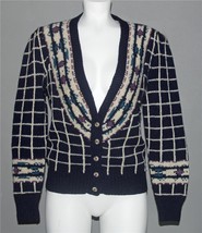 VTG Land&#39;s End Floral Squares Thick Shetland Wool Navy Sweater Cardigan ... - £31.96 GBP