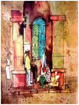 1650 People walking by old building Poster.Watercolor design Art.Home Decor - £12.71 GBP+