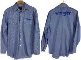 Wrangler Size Medium Shirt Mens Button Down Blue Print Spell Out Back Rodeo - £27.97 GBP