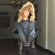 Men&#39;s Hudson Black Raccoon Hoodie 100% Genuine Leather Jacket - $499.00