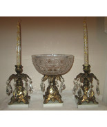 Crystal Brass Marble Compote Bowl Cut Glass Prism Centerpiece + 2 candle... - £180.14 GBP