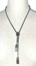 Vintage Lariat Tassel Necklace Silver Tone Fold Over Clasp Snake Chain 14&quot; - £25.25 GBP