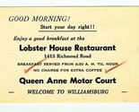 Lobster House Restaurant Menu Queen Ann Motor Court Williamsburg Virgini... - £9.30 GBP