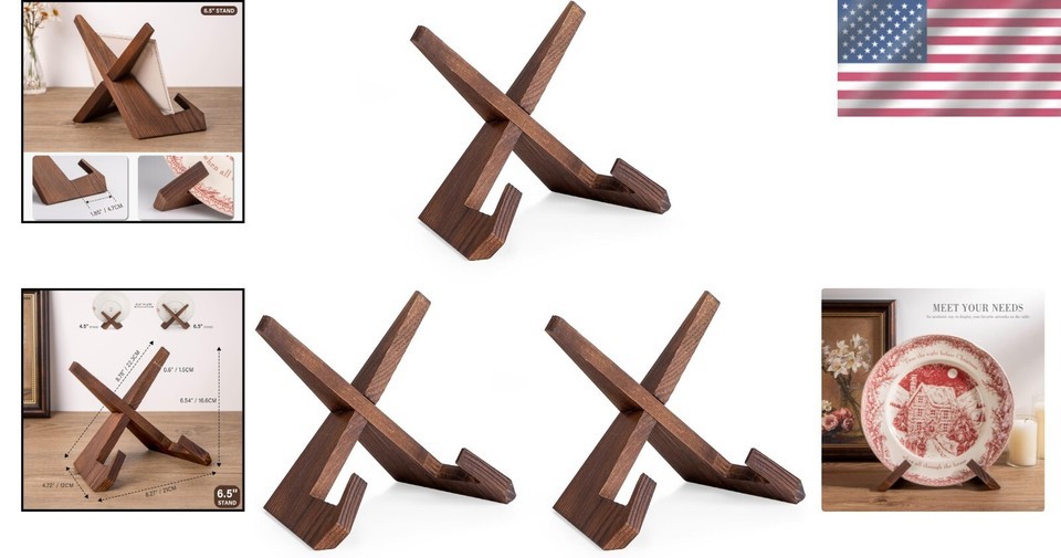 3-Pack 6.5-Inch Vintage Wooden Plate Holder Display Stand for Elegant Showcasing Item image 2
