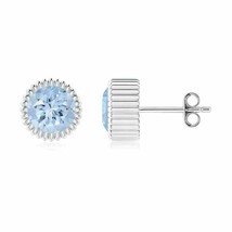 Natural Aquamarine Stud Earrings with Diamond Halo in 14K Gold (Grade-AA , 6MM) - £689.92 GBP