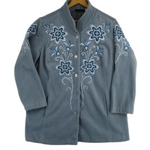 Bob Mackie Wearable Art Jacket Women 1X Blue Embroider Floral Fleece Button Coat - £25.69 GBP