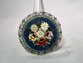 Vintage Italy Micro Mosaic Floral 1 3/4&quot; Round Brooch K1396 - £35.82 GBP