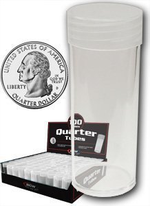 COIN STORAGE TUBES, clear plastic w/ screw on tops for Quarters (Qty of 100 tube