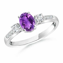 ANGARA 7x5mm Natural Oval Amethyst &amp; Round Diamond Three Stone Ring in 14k Gold - £876.86 GBP