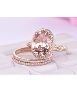 Big Oval Pink Morganite Engagement Ring Set 14k Rose Gold Diamond Weddin... - £1,372.30 GBP