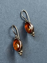 Small Oval Amber Stone in 925 Marked Silver Frame Dangle Earrings for Pi... - £14.75 GBP