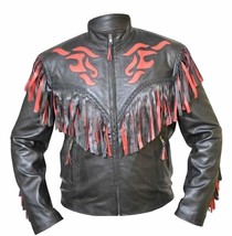 New Western Cowboy Black &amp; Red Color Leather Fringe Men Biker Jacket - £143.87 GBP