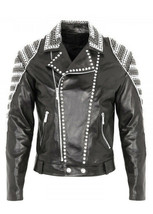 Men&#39;s Black Color Genuine Leather Silver Black Studded Belted Handmade Jacket - £219.29 GBP