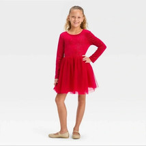 Cat and Jack Girl&#39;s  Red Long Sleeve Shimmer Velour Tulle Dress - 2XL (1... - £14.38 GBP