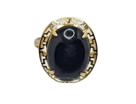 Natural Black Onyx &amp; 14K Yellow Gold Ring with Greek Key - £314.51 GBP