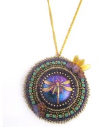 Iridescent Czech Glass Gold Dragonfly Pendant Necklace with Beadwork Flo... - $44.54