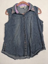 Wrangler Womens Denim Vest Shirt Sleeveless Purple Flower Accents Size XL Cotton - £15.15 GBP