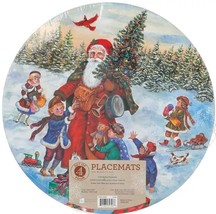 Set Of 4 Hard Round Placemats W/CORK Back (14&quot;) Christmas Winter Santa Theme, Bm - £19.77 GBP