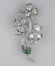 Art Deco 925 Sterling Silver Queen Elizabeth II Emerald Shamrock Brooch - £260.78 GBP