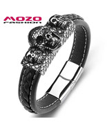 Mens Vintage Skull Leather  Stainless Steel Bracelet - $30.10 CAD
