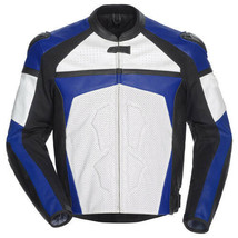 Men Three Tone Black White Blue Motor Bike Perforated Leather Safety Pads Jacket - £133.57 GBP