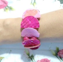 Bohemian Pink Abalone Shell &amp; Bead Stretch Bracelet Beach Coastal - £15.97 GBP