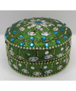 Vintage Very Green Beaded Vanity Tin Beads, Rhinestones, &amp; Lots of Glimmer - £15.25 GBP