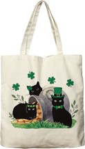 St Patricks Day Cat Canvas Tote Bag For Women Aesthetic Funny Black Cat Shamrock - £16.60 GBP