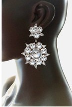 3.75&quot; Long, Silver Tone Acrylic Crystal Statement Party Glam Cluster Earrings - £16.66 GBP