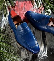 Blue Color Moccasin Loafer Genuine Leather Slip Ons Rounded Toe Handmade Shoes - £110.26 GBP