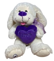 Far East Brokers White Fluffy Puppy With Purple Love Heart 11&quot; Stuffed Plush Dog - £4.84 GBP