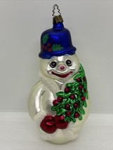 Whitehurst Blown Glass Snowman Frosty Blue Hat 8”Christmas Ornament German - £14.77 GBP