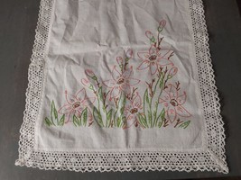 Vintage Hand Embroidered Floral Flowers Table Dresser Runner Crochet Edges 15x41 - £18.33 GBP