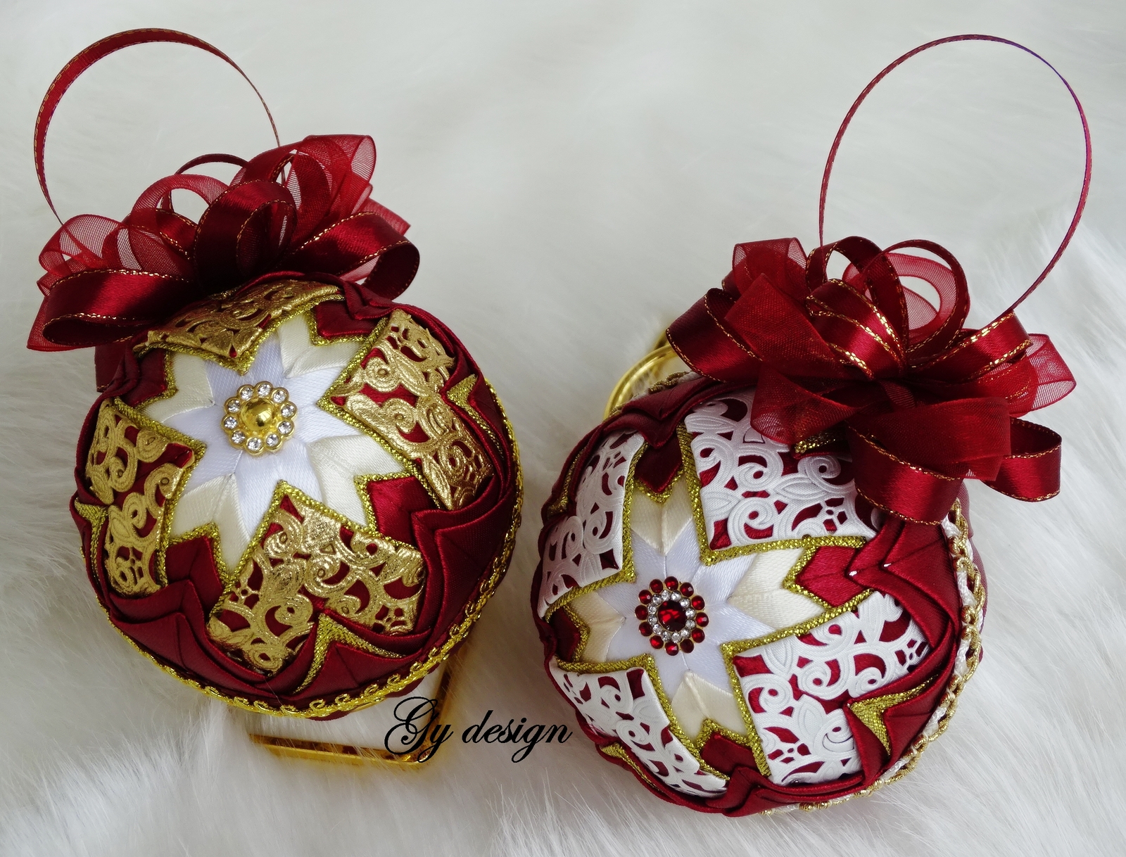 Christmas tree gold ivory ornament Laced quilted bauble handmade gift burgundy