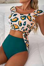 Green Leopard Print U Neck Knotted High Waist Bikini Set - $14.40