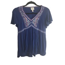 Knox Rose Blouse S Womens Blue Cap Sleeve V Neck Embroidered Pullover Top BOHO - £13.18 GBP