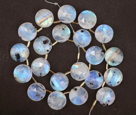 Primary image for Natural, 20 piece faceted Rainbow white Moonstone disc gemstone beads 14 mm appr